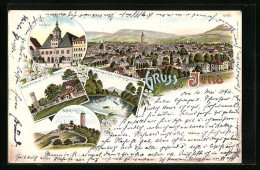 Lithographie Jena, Rathaus, Fuchsthurm, Kriegerdenkmal Und Forsthaus  - Jagd