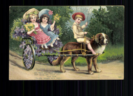Drei Kinder Unterwegs Mit Blumengeschmückter Hundekutsche, Karte M. Vers - Autres & Non Classés