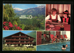 Cartolina Schenna Bei Meran, Hotel Gutenberg, Innenansicht Schwimmbad, Frau Und Junge Mit Zither  - Autres & Non Classés