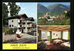 Cartolina Schenna /Meran, Hotel Haus Julia, Ortspartie Vor Bergpanorama  - Autres & Non Classés