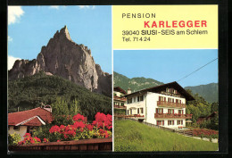 Cartolina Seis Am Schlern, Pension Karlegger, Neubau Vor Bergpanorama  - Sonstige & Ohne Zuordnung