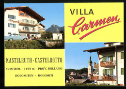 Cartolina Kastelruth, Hotel Villa Carmen, Kirche Mit Zwiebelturm  - Sonstige & Ohne Zuordnung