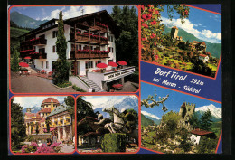 Cartolina Dorf Tirol Bei Meran, Hotel Hofer, Reiterdenkmal, Burg  - Autres & Non Classés