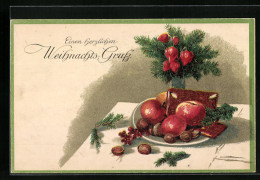 Künstler-AK Weihnachtsgruss Mit Äpfeln Und Lebkuchen  - Autres & Non Classés