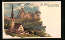Lithographie St. Jakob Im Grödenthal, Kirche Gegen Den Langkofel  - Sonstige & Ohne Zuordnung