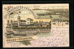 Lithographie Hamburg, Uhlenhorster Fährhaus Vom Wasser Und Aus Der Vogelschau  - Nord