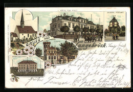 Lithographie Langebrück, Hotel Zur Post, Beamtenschule, Postamt  - Autres & Non Classés