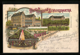 Lithographie Herrenhausen, Hotel Pension Schlossgarten, Gartenpartie, Fontaine Lumineuse  - Other & Unclassified