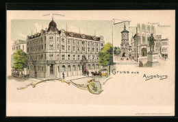 Lithographie Augsburg, Hotel Kaiserhof Mit Postkutsche, Fugger-Denkmal, Wappen  - Augsburg