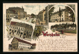 Lithographie Wörishofen, Bachstrasse Mit Kurhaus Und Hotel Luitpold, Hotel Urban, Hotel Zur Stadt München  - Bad Woerishofen