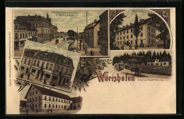 Lithographie Wörishofen, Bachstrasse Mit Kurhaus U. Hotel Luitpold, Hotel Urban, Hotel Zur Stadt München  - Bad Wörishofen