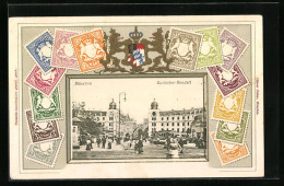 Präge-AK München, Karlstor-Rondell Mit Strassenbahn, Wappen Und Briefmarken, Passepartout  - Postzegels (afbeeldingen)