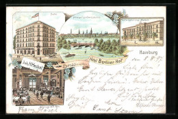 Lithographie Hamburg-St.Georg, Hotel Berliner Hof Mit Innenansicht  - Mitte