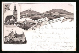Lithographie Römhild, Stadtkirche, Kriegerwaisenhaus, Dampfmolkerei  - Autres & Non Classés