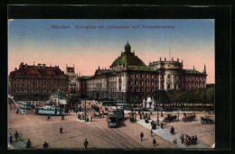 AK München, Karlsplatz Mit Justizpalast, Nornenbrunnen Und Strassenbahn  - Tramways