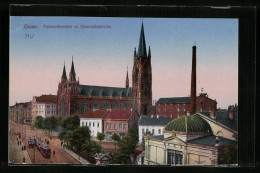 AK Essen, Strassenbahn Am Viehhoferplatz Mit Gertrudiskirche  - Tram