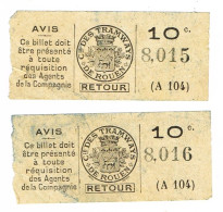 2 Tickets Anciens, Compagnie Des Tramways De Rouen - Rouen
