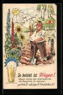 AK Mann Mit Spaten Trinkt Brause, Reklame Für Frigeo Brause-Pulver- Und Trinktabletten  - Werbepostkarten