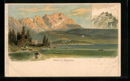 Lithographie Eibsee, Totalansicht, Hotel Auf Der Zugspitze  - Zugspitze