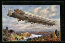 Künstler-AK Zeppelin`sches Luftschiff Mit Einem Herbstlichen Landschaftspanorama  - Airships
