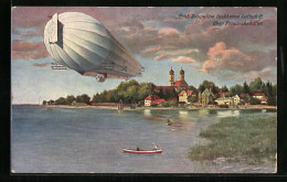 Künstler-AK Friedrichshafen A. B., Graf Zeppelins Lenkbares Luftschiff über Dem Bodensee  - Airships