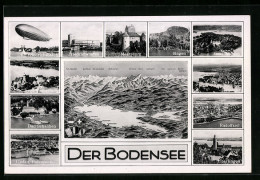 AK Friedrichshafen, Ortspartie Mit Zeppelin, Bodensee Mit Lindau, Konstanz Und Glärnisch, Lindau Hafenpartie  - Airships