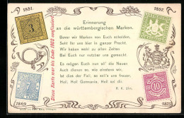 AK Württembergische Briefmarken Der Jahre 1851, 1857, 1869 Und 1875, Gedicht  - Timbres (représentations)