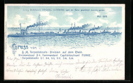 Lithographie SM Torpedoboots-Division Auf Dem Rhein, Mai 1900, S7, S8, S9, S18, S20  - Oorlog