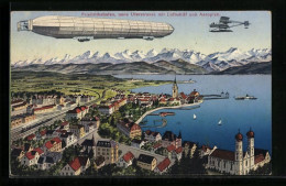 AK Friedrichshafen /Bodensee, Neue Uferstrasse Mit Luftschiff Und Flugzeug  - Luchtschepen
