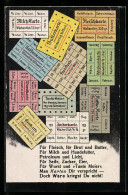 AK Verschiedene Lebensmittelkarten, Milch-Karte, Fleischkarte, Seifenkarte  - War 1914-18