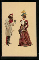 Lithographie Älterer Offizier Und Junge Dame  - Guerre 1914-18