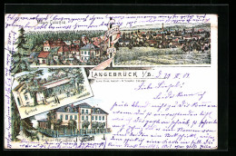 Lithographie Langebrück I. S., Hotel Zur Post, Kurbad, Ortsansicht  - Sonstige & Ohne Zuordnung