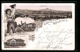 Lithographie Weilheim I. B., Kgl. Realschule, Hauptplatz, Panorama  - Weilheim