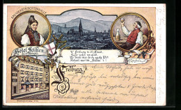 Lithographie Freiburg I. B., Hotel Falken, Inh.: Herm. Ihringer, Eisenbahnstrasse 32, Bad. Volkstracht, Ortsansicht  - Freiburg I. Br.