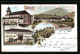 Lithographie St. Pilt, Restaurant Zur Krone, Hohkönigsburg, L'Église  - Sonstige & Ohne Zuordnung