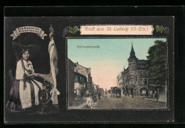 CPA St. Ludwig /O.-Els., Mülhauserstrasse Avec Tramway, Elsässerin En Costume Typique  - Autres & Non Classés