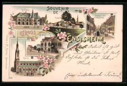 Lithographie Ensisheim, Strasse Avec Dampfbahn, Hôtel De Ville, Post, L'Église  - Other & Unclassified