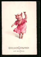 Künstler-AK Schwein Im Rosa Kleid, Neujahrsgruss, Vermenschlichte Tiere  - Varkens