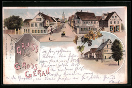 Lithographie Gross Gerau, Ortspartie Mit Gasthof Zur Krone Und Zum Adler, Rathaus  - Gross-Gerau