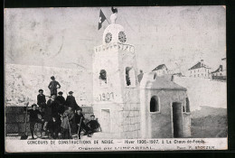 AK La Chaux-de-Fonds, Concours De Construction De Neige 1906-1907, Eisplastik, Uhrturm  - Esculturas