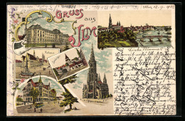 Lithographie Ulm, Justizgebäude, Zundelthor Und Rathaus  - Ulm