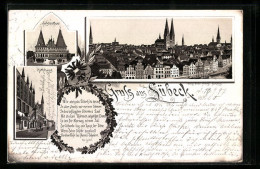 Lithographie Lübeck, Holstenthor, Rathaus, Ortsansicht  - Luebeck