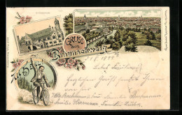 Lithographie Braunschweig, Stadtansicht Und Lustiger Radfahrer  - Braunschweig