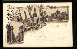 Lithographie Crefeld, Krieger-Denkmal, Bismarck-Denkmal, Postamt  - Autres & Non Classés