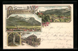 Lithographie Partenkirchen, Gesamtansicht, Zugspitze, Partnachklamm  - Zugspitze