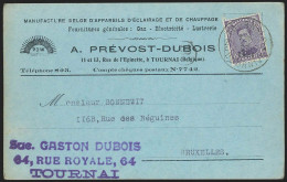 Carte "Prévost-Dubois Electricité" Affr N°140 De TOURNAI/1921 Pour Bruxelles - 1915-1920 Albert I