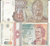 Lot De 2 Billets Banca Nationaia A Romaniei 1991 - 500 Et 1000 (Cinci Sute Lei, Una Mie Lei) H.0004 Et A.0020 - Rumänien