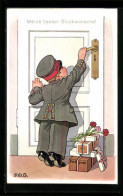 Künstler-AK P. O. Engelhard (P.O.E.): Kleiner Soldat Mit Paketen An Der Tür, Glückwunsch  - Engelhard, P.O. (P.O.E.)