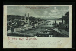 Mondschein-Lithographie Zürich, Grossmünster Und Limmat Mit Blick Gegen Die Alpen  - Other & Unclassified