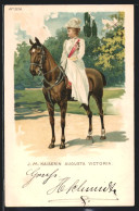 Lithographie Kaiserin Auguste Victoria Königin Von Preussen Auf Dem Pferd  - Familles Royales
